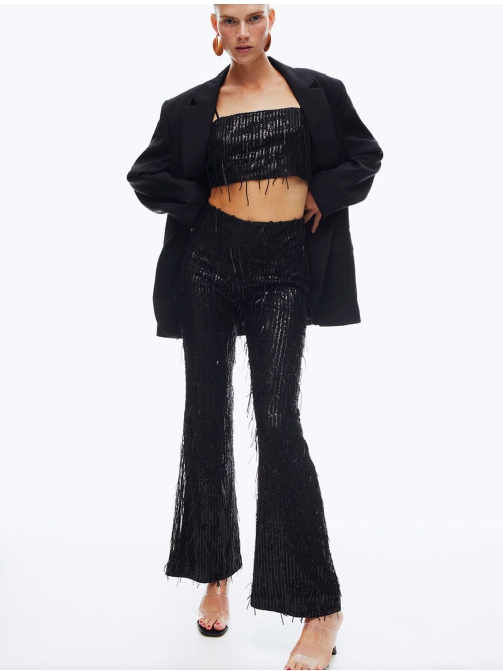 H&M Black Sequin Fringe Two-piece set crop top & wide leg pants sizes Medium